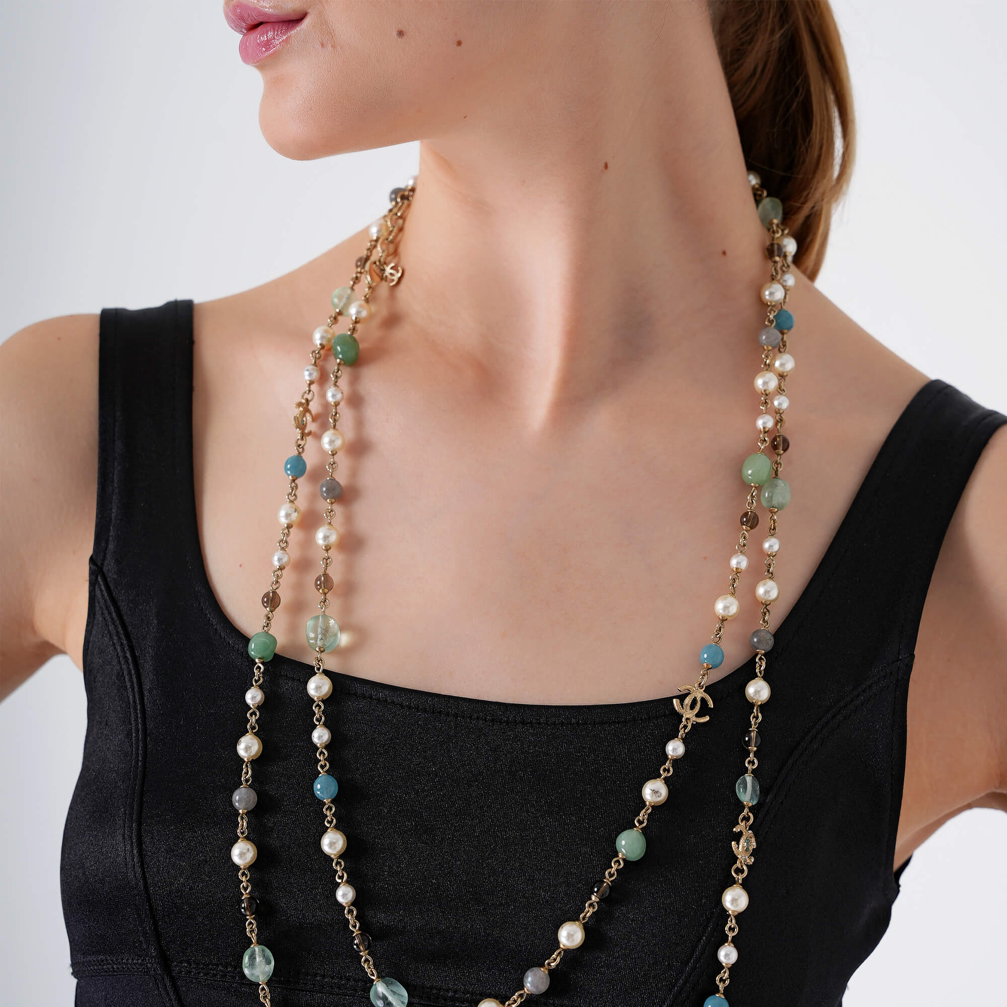 Chanel - White&Green&Blue Pearl CC Long Necklace